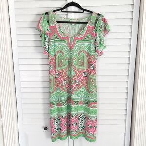 Ivy Lane Dress, Size M, Pink Green Paisley Pattern, Cold Shoulder Flutter Sleeve